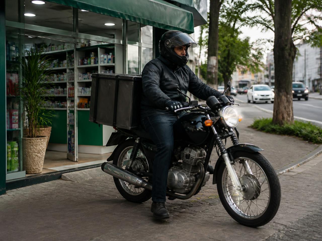 Motoboy saindo da farmácia para realizar uma entrega